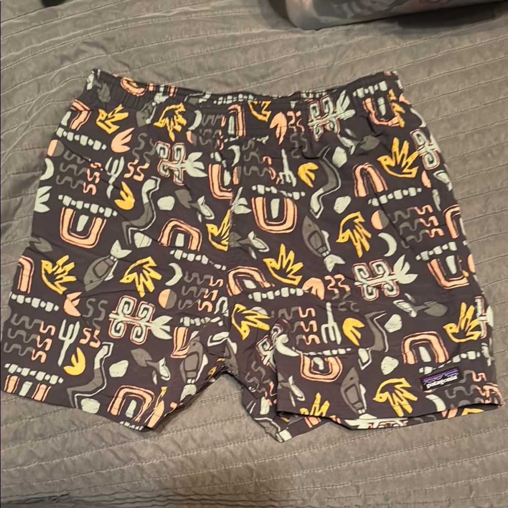 Patagonia Brown and Yellow Swim Trunks Energetic Design